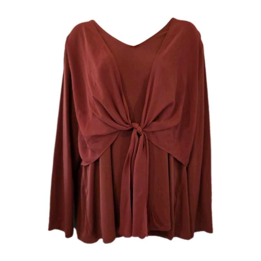 Susan Graver Top Womens XL Burgundy Rust Tie Front Chiffon V-Neck Liquid Knit